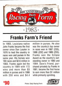 1993 Horse Star Daily Racing Form 100th Anniversary #90 John Franks Back
